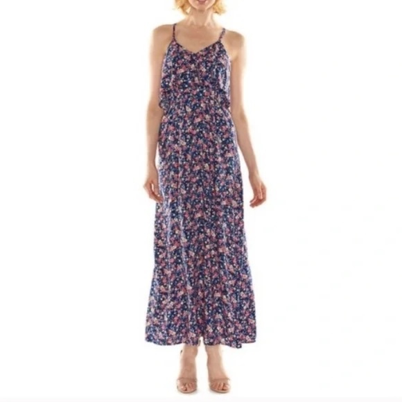 LC Lauren Conrad Blue Floral Popover Maxi Dress X-Large - Picture 1 of 2
